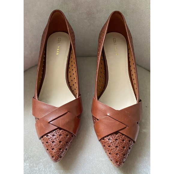 Cole Haan Carlee Brown Leather Pumps, Woven Cane Texture - Picture 2 of 5